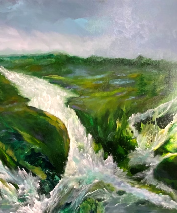 Water color painting of green fields and a river with some splashing